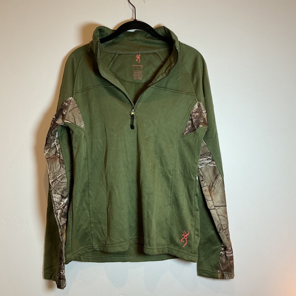 Browning Camo Sleeve Quarter‎ Zip Pullover Men's L Green Hunting Outdoor